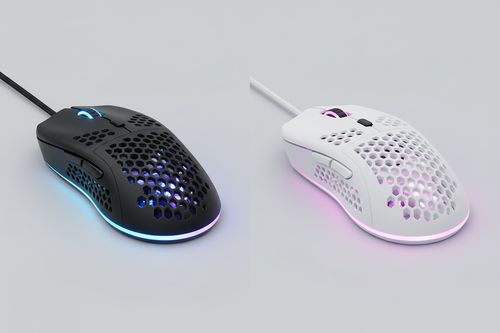 a computer mouse with holes LED lights around it and it comes in black and white 