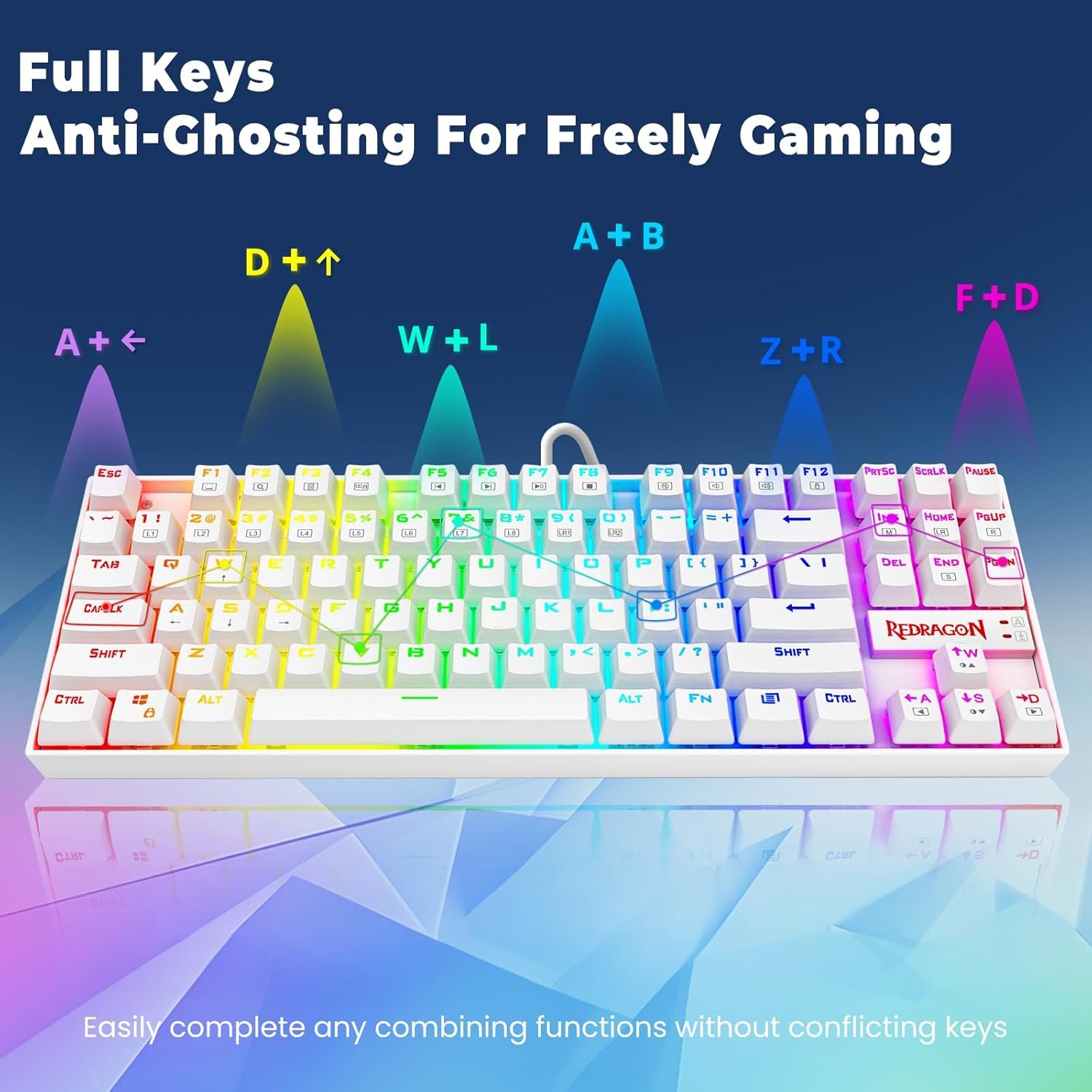 K552P Mechanical Gaming Keyboard TKL with 18 Backlight Modes, Hot-Swappable Red Switches, 87-Key Compact Ergonomic Design, N-Key Rollover & Software Programmable Macro - RGB, White